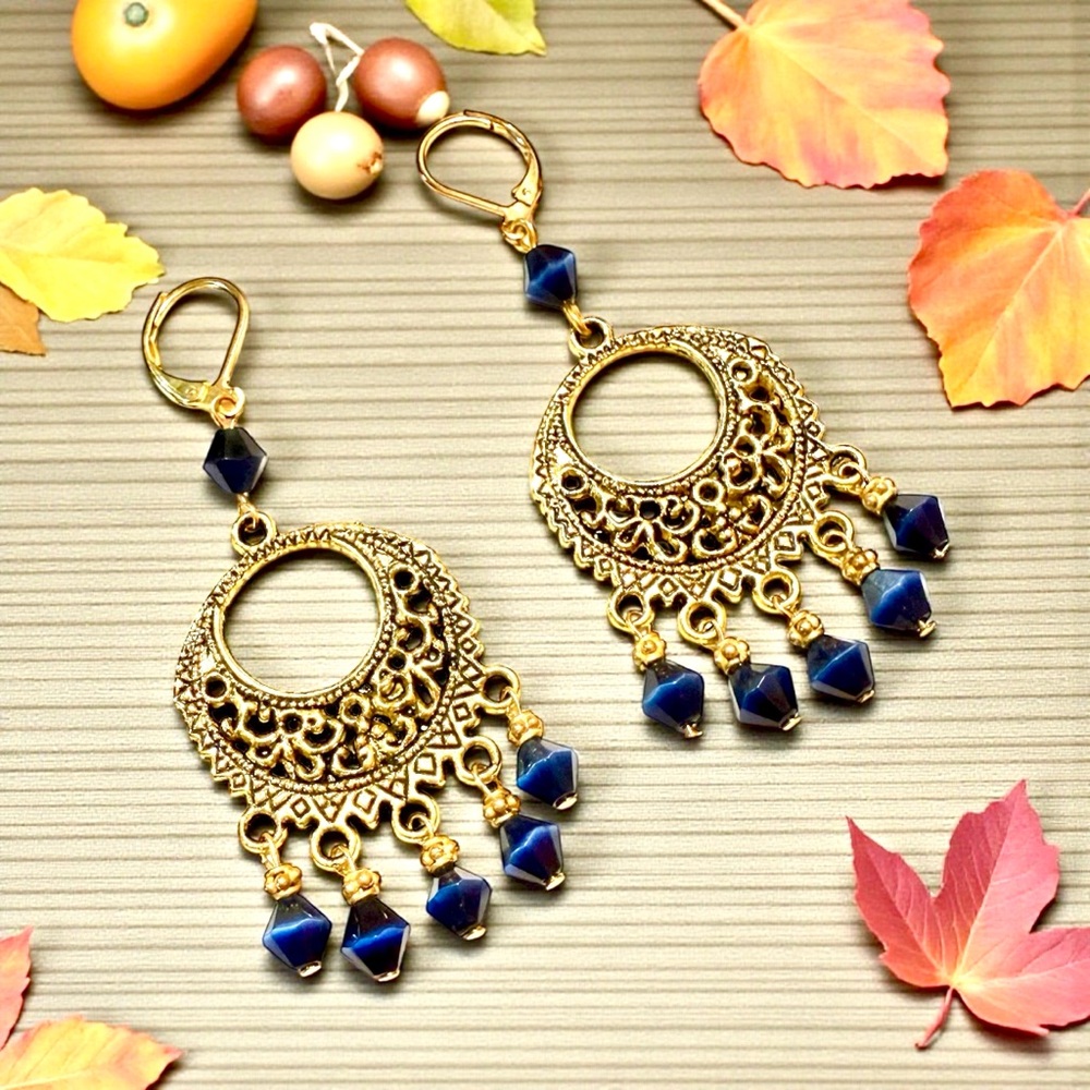 Handmade Gold and Blue Chandelier Earrings